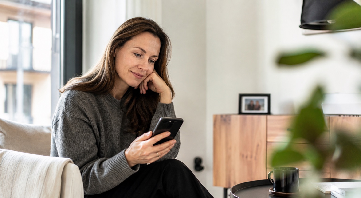 Eine erwachsene Tochter sitzt entspannt in ihrem Wohnzimmer und liest ruhig auf ihrem Smartphone.