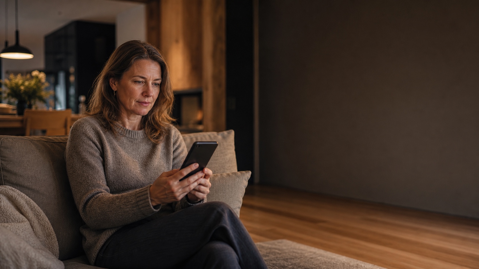 Eine erwachsene Tochter betrachtet aufmerksam ihr Smartphone in einem warmen modernen Zuhause.