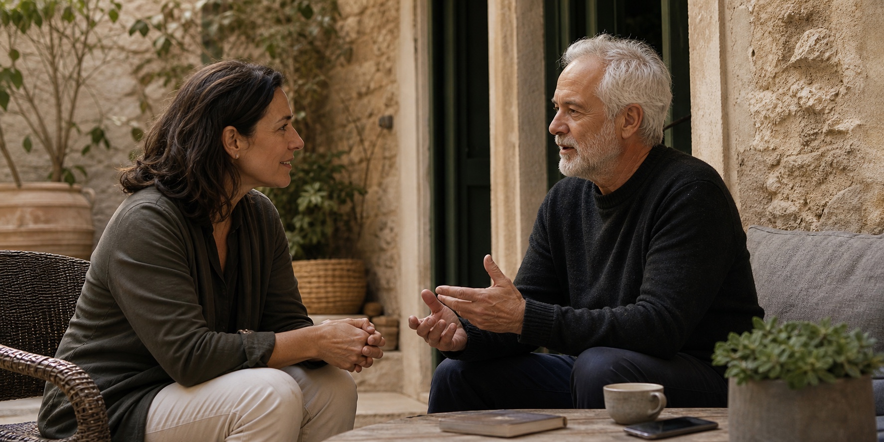 Ein älterer Mann und eine professionelle Begleiterin sprechen auf Augenhöhe in einem mediterranen Innenhof.