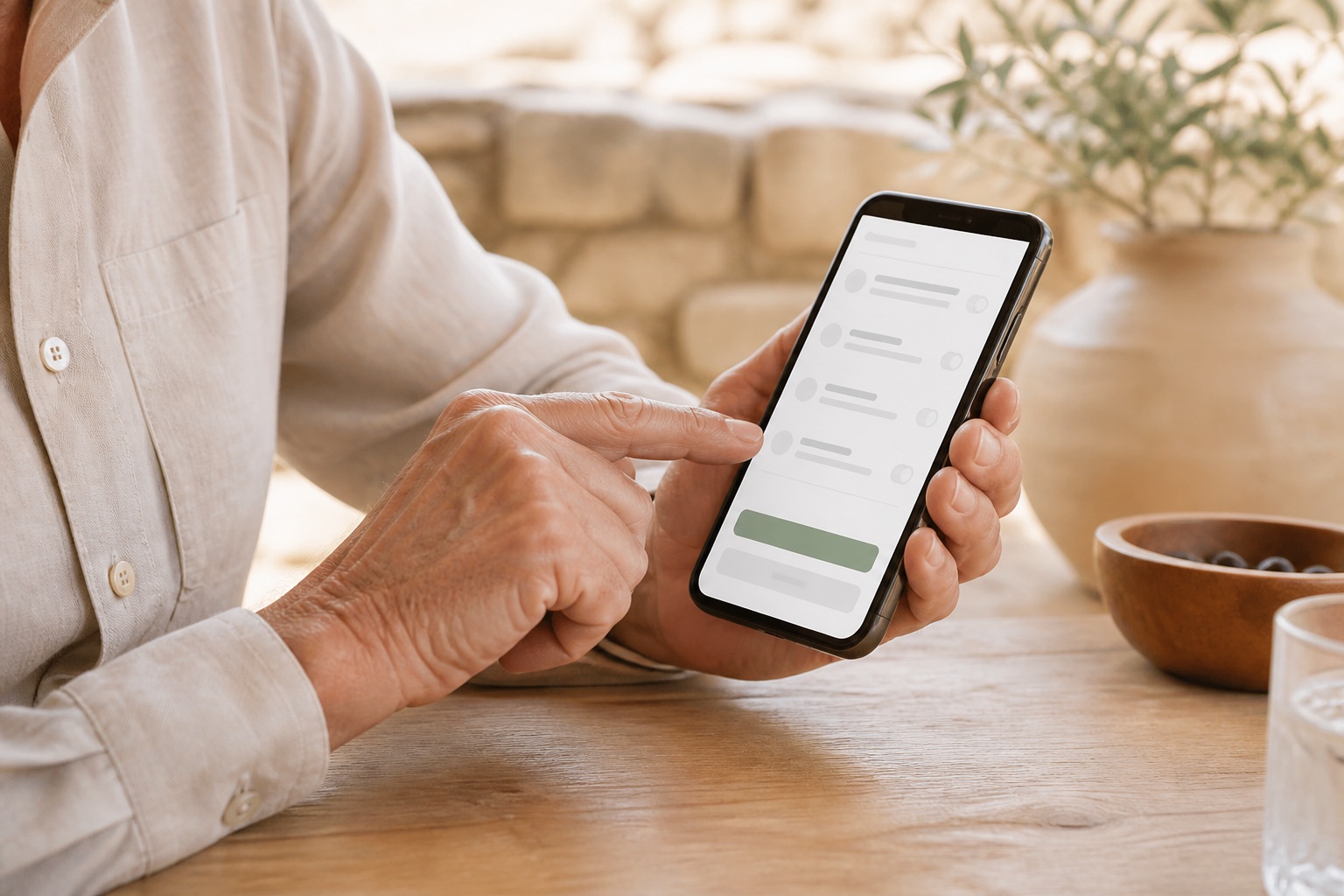 Die Hände einer älteren Person wählen bewusst eine Freigabe auf einem Smartphone.