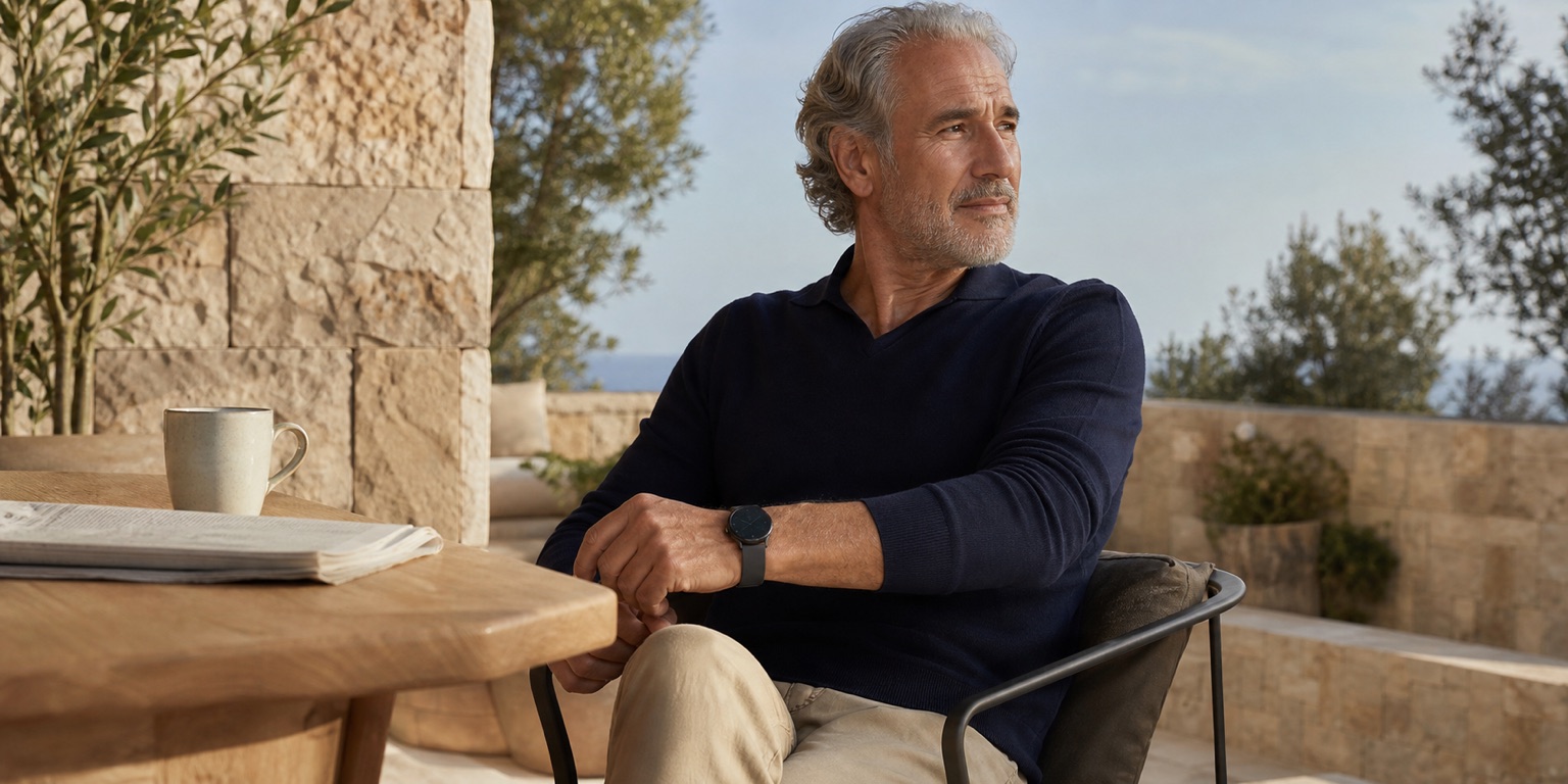 Ein selbstständiger älterer Mann trägt eine dezente Uhr auf einer mediterranen Terrasse.